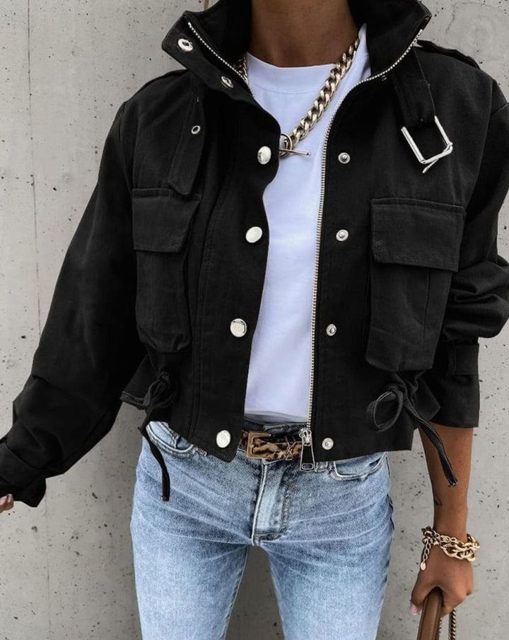 Women's Cropped Military Button-Down Cargo Jacket - Black