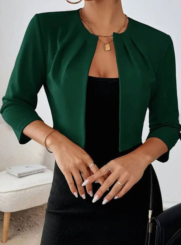 Women's Cropped Open-Front Collarless Three-Quarter Sleeve Blazer