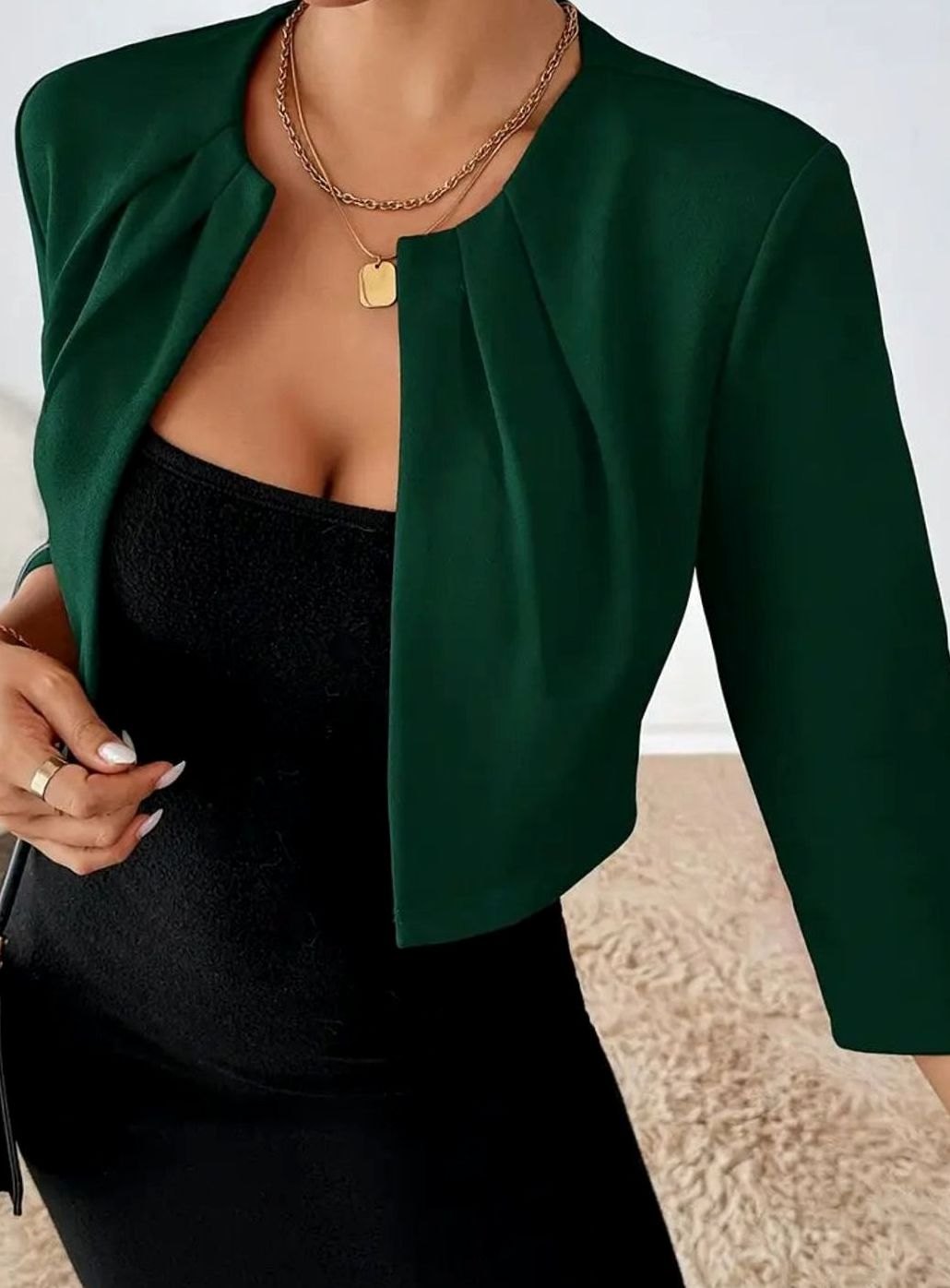 Women's Cropped Open-Front Collarless Three-Quarter Sleeve Blazer