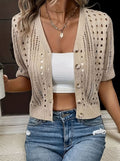 Layla | Women's Cropped Open-Knit V-Neck Button-Front Cardigan