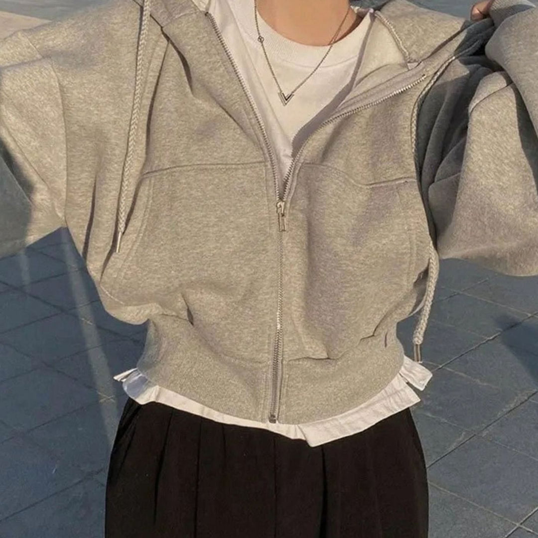 Women's Cropped Oversized Fleece Full-Zip Drawstring Hoodie - Light Grey
