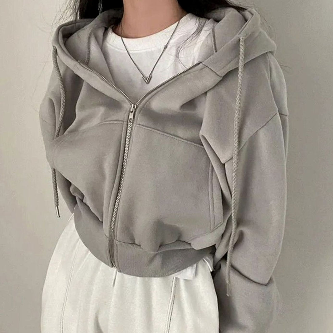 Women's Cropped Oversized Fleece Full-Zip Drawstring Hoodie - Grey