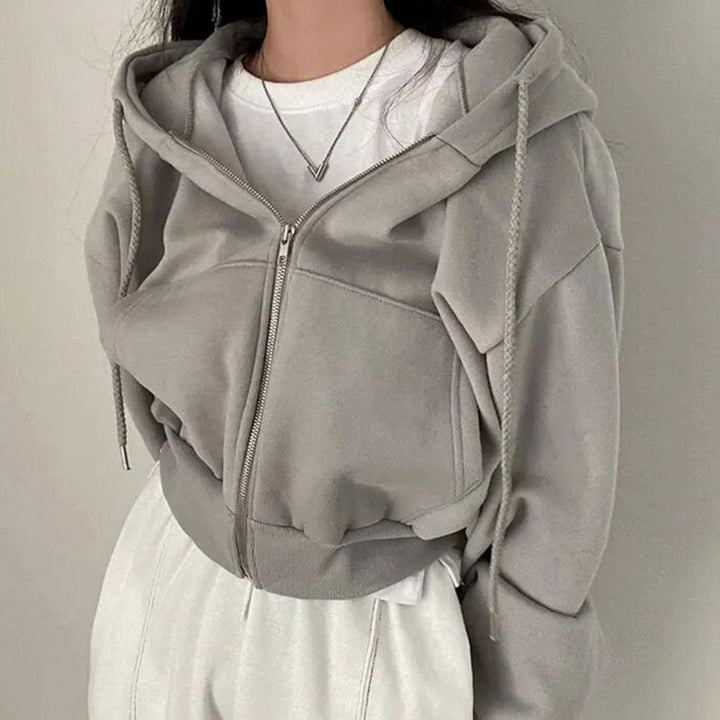 Women's Cropped Oversized Fleece Full-Zip Drawstring Hoodie - Grey