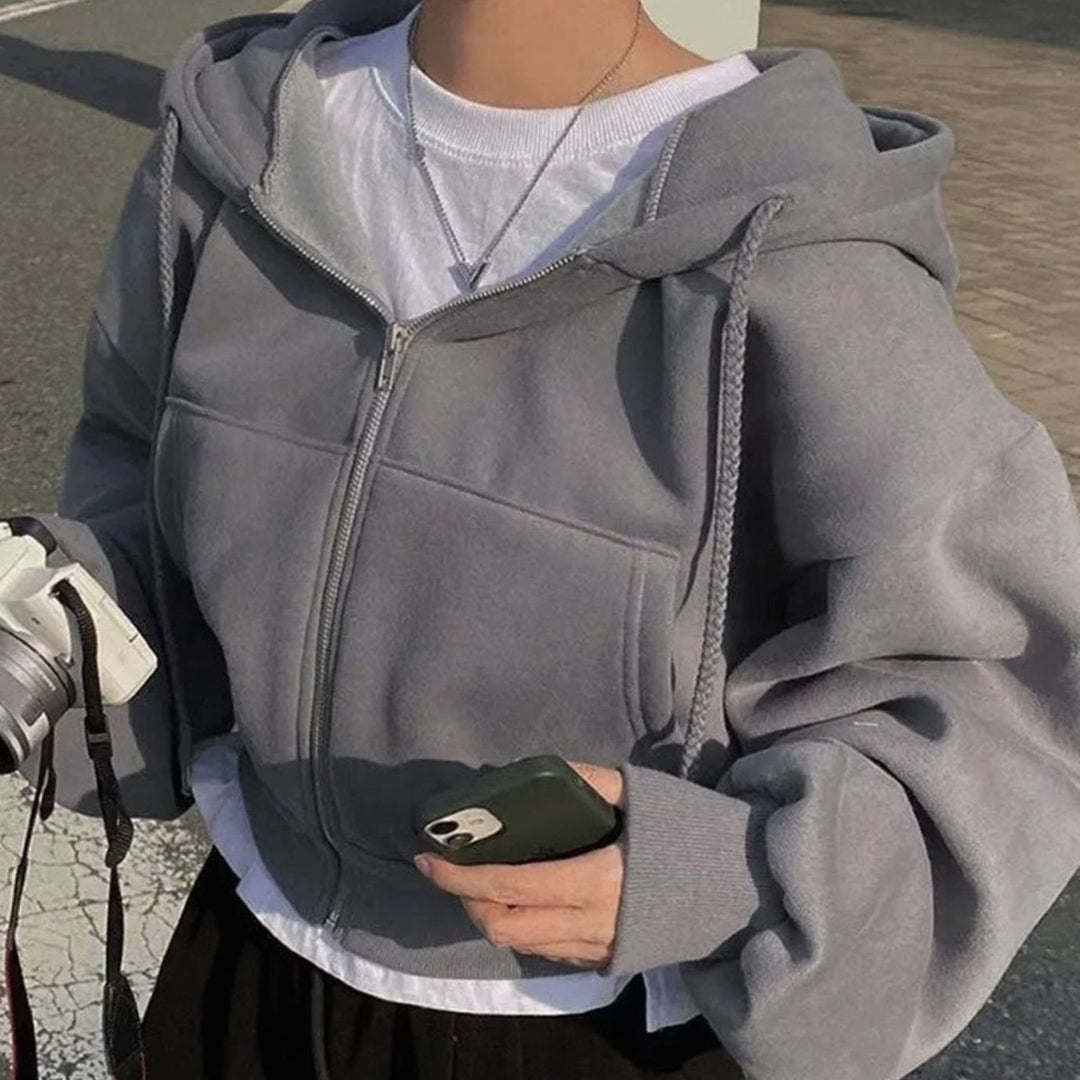 Women's Cropped Oversized Fleece Full-Zip Drawstring Hoodie - Dark Grey