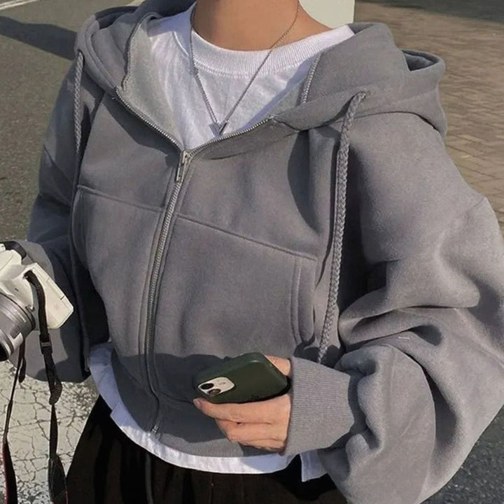 Women's Cropped Oversized Fleece Full-Zip Drawstring Hoodie - Dark Grey