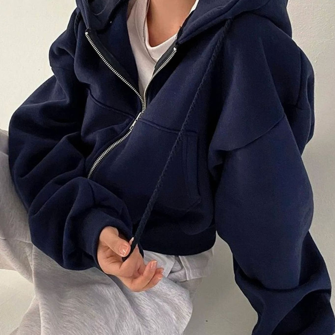 Women's Cropped Oversized Fleece Full-Zip Drawstring Hoodie - Blue