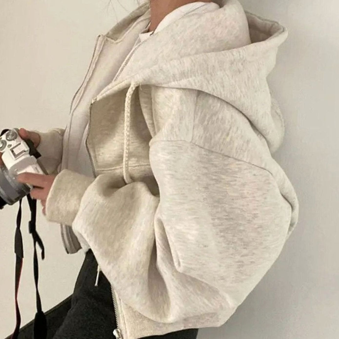 Women's Cropped Oversized Fleece Full-Zip Drawstring Hoodie - Beige