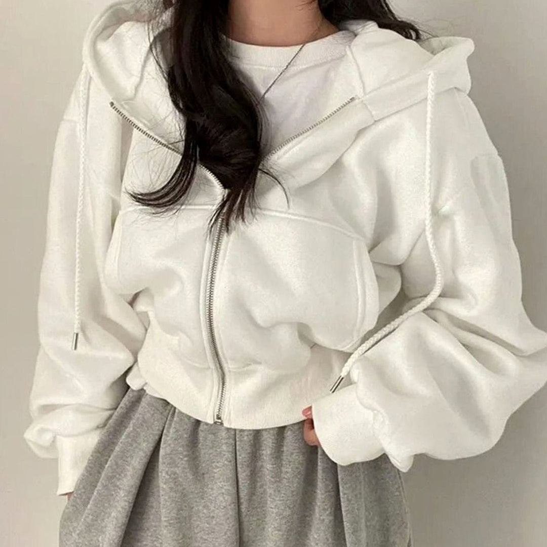 Women's Cropped Oversized Fleece Full-Zip Drawstring Hoodie - White