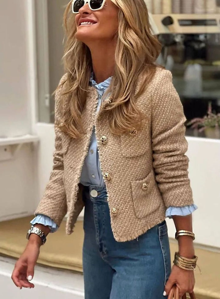 Women's Cropped Tweed Blazer Gold Button Front Jacket