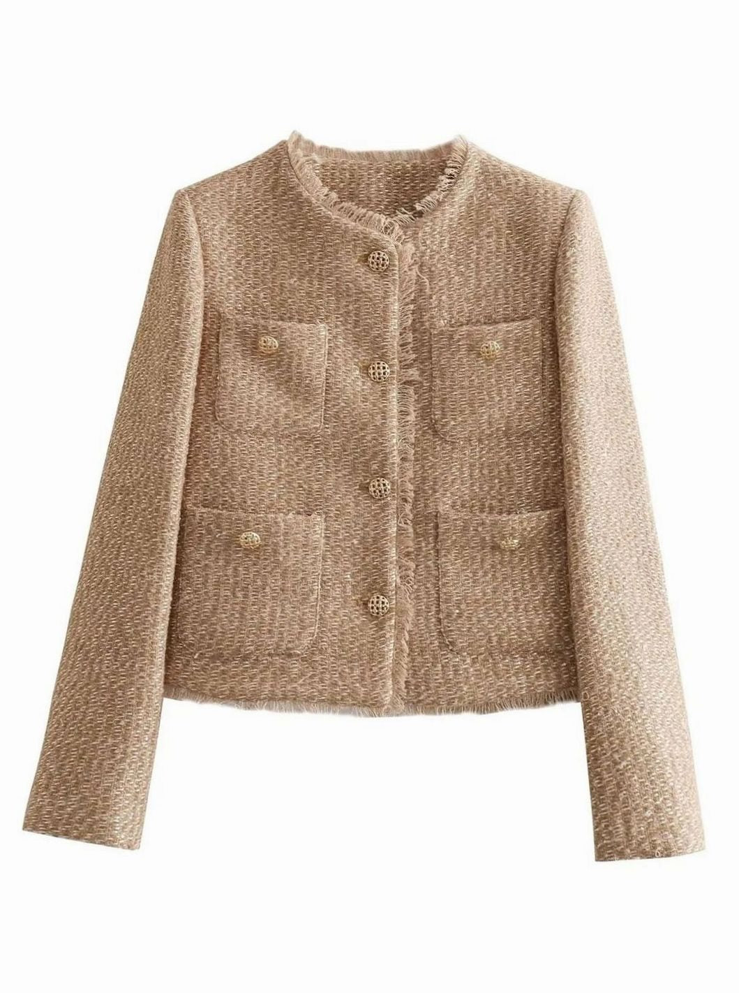 Women's Cropped Tweed Blazer Gold Button Front Jacket