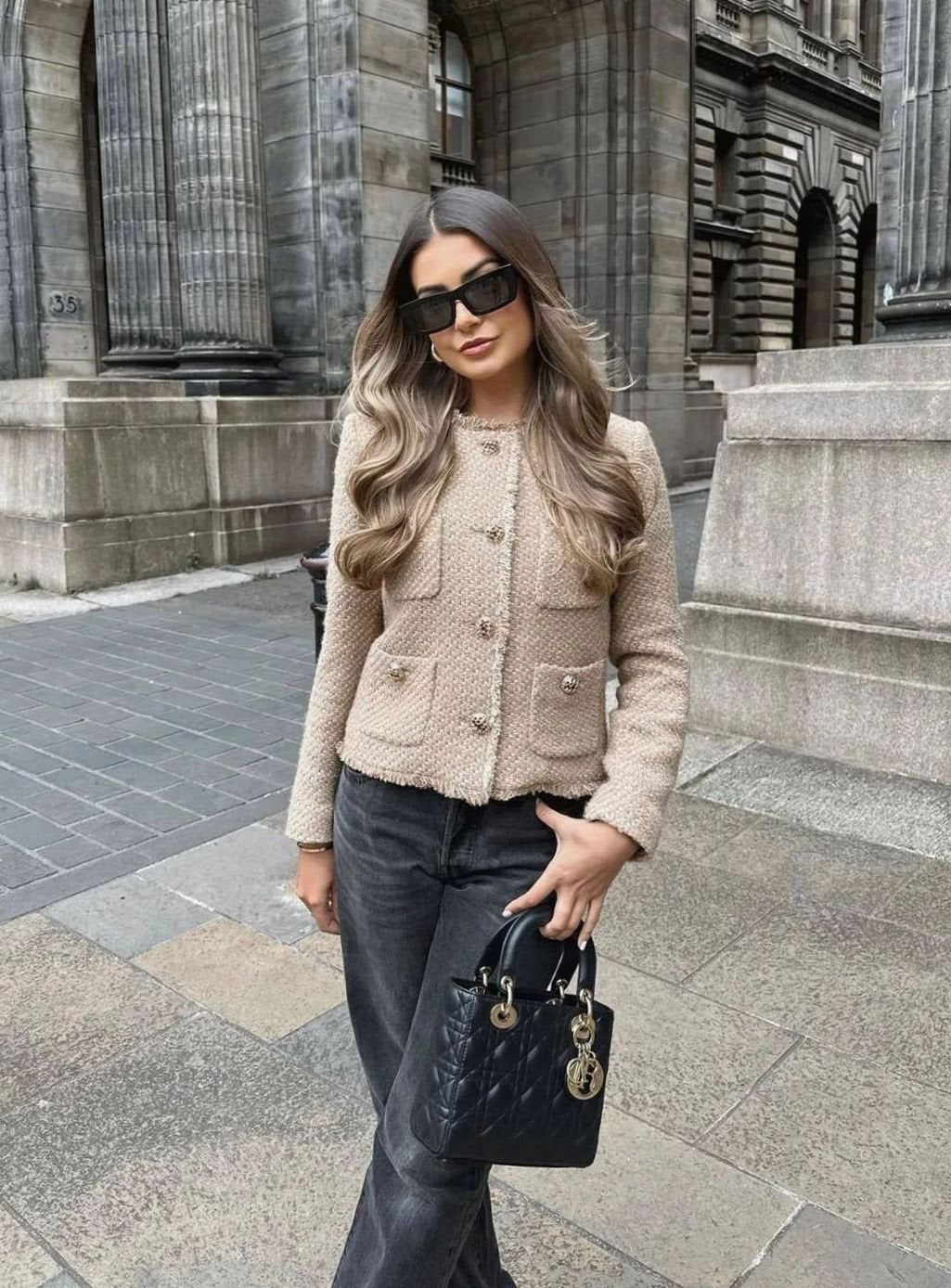 Women's Cropped Tweed Blazer Gold Button Front Jacket