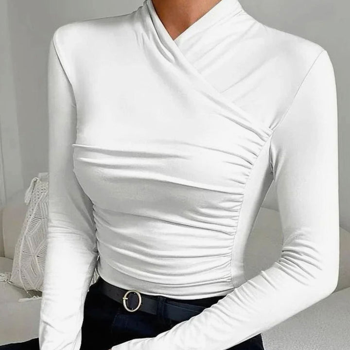 Women's Cross-Neck Ruched Long Sleeve Fitted Top - White