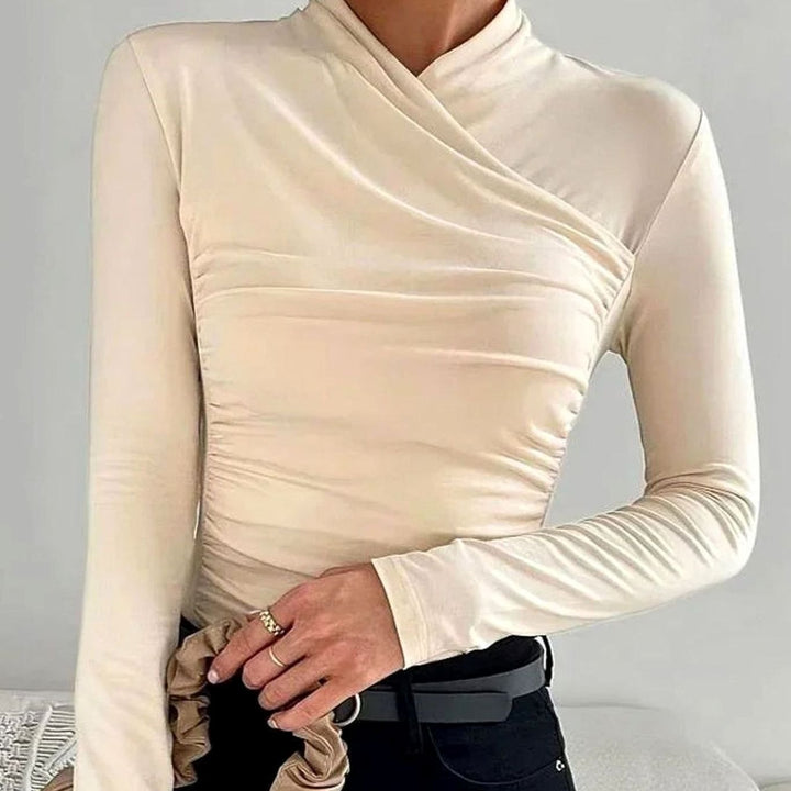 Women's Cross-Neck Ruched Long Sleeve Fitted Top - Beige