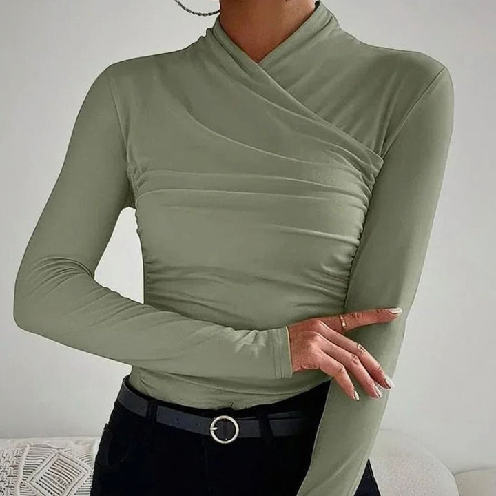 Women's Cross-Neck Ruched Long Sleeve Fitted Top - Green