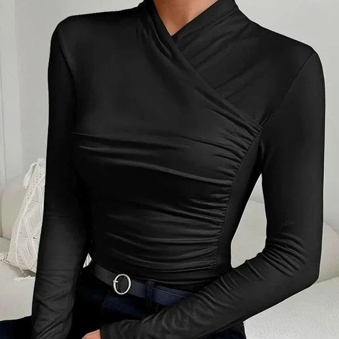 Women's Cross-Neck Ruched Long Sleeve Fitted Top - Black