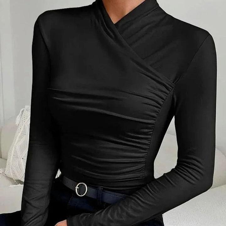 Women's Cross-Neck Ruched Long Sleeve Fitted Top - Black