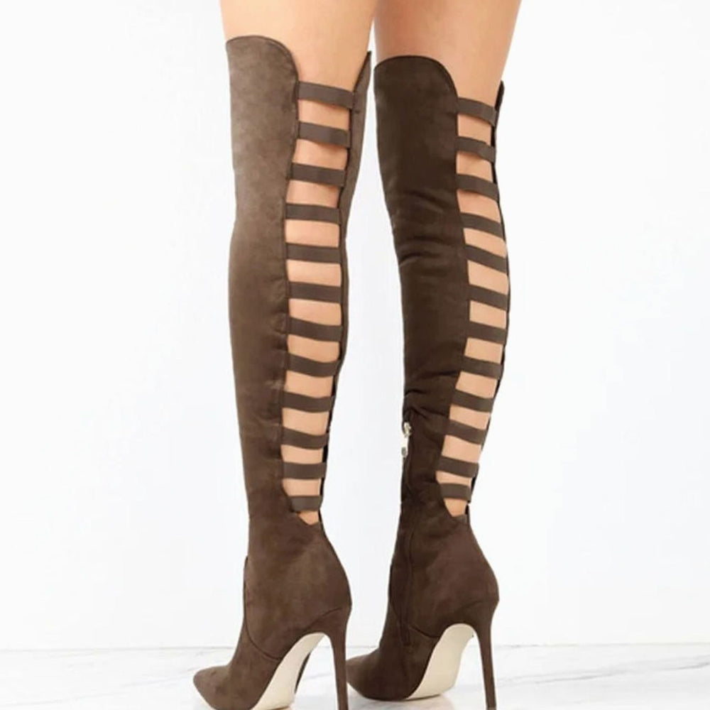 Women's Cut-Out Over the Knee Suede Stiletto Boots - Brown