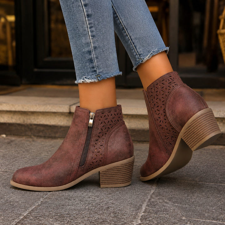 Women's Cutout Faux-Suede Side-Zip Block Heel Ankle Boots - Maroon
