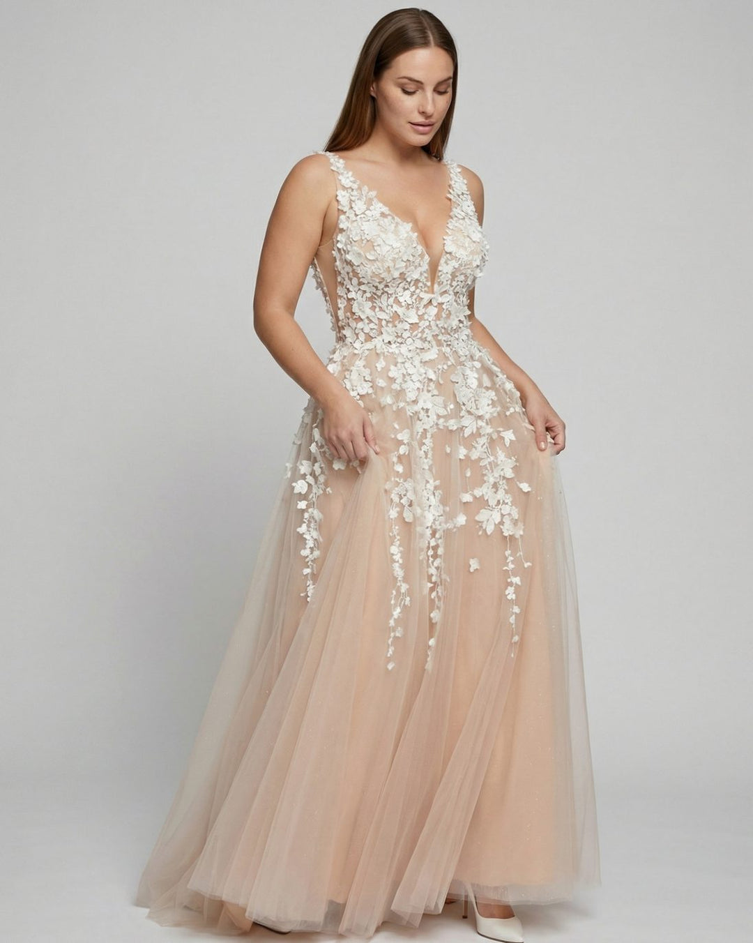 Women's Deep V-Neck 3D Floral Applique Tulle A-Line Bridal Gown - Champagne White