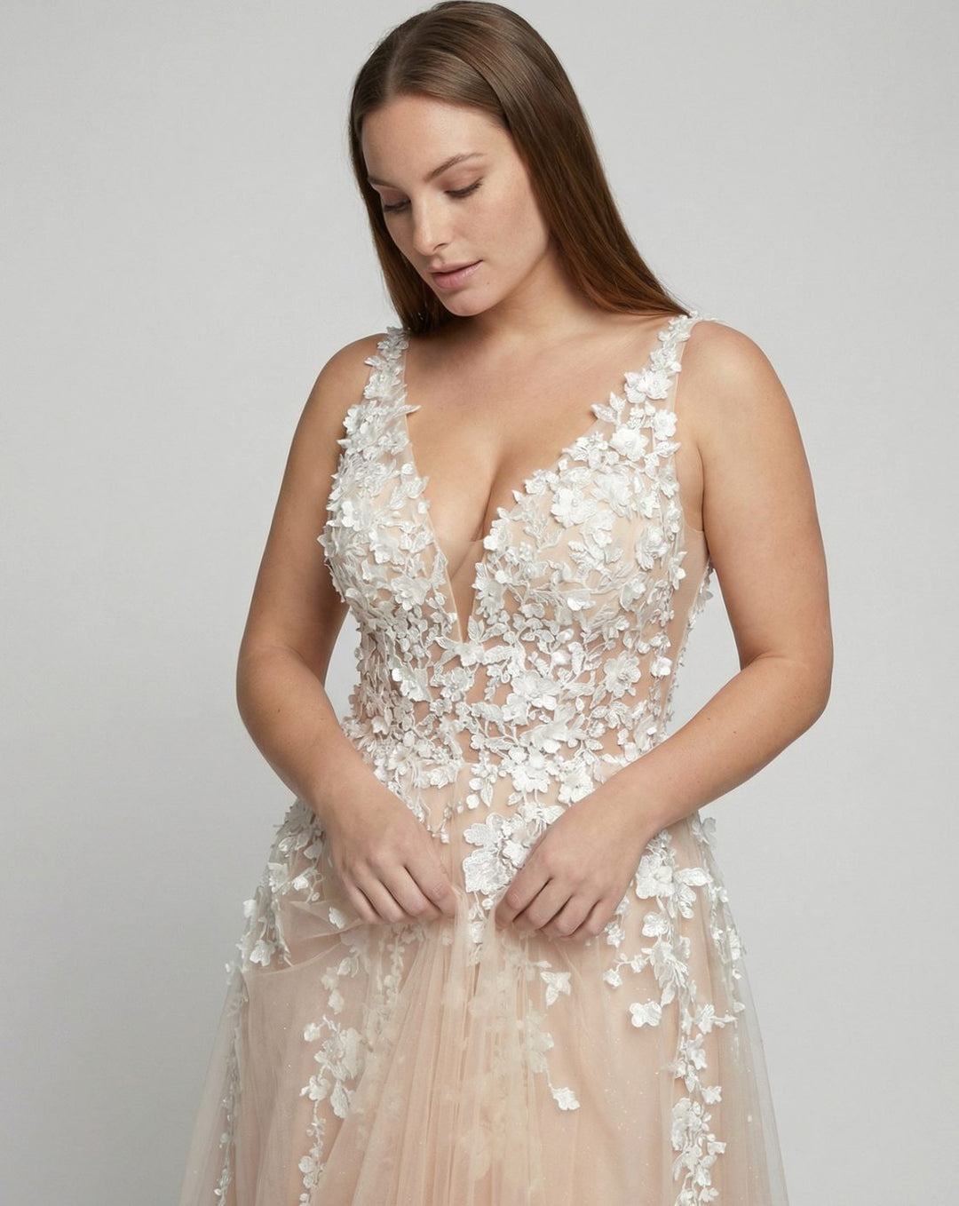 Women's Deep V-Neck 3D Floral Applique Tulle A-Line Bridal Gown