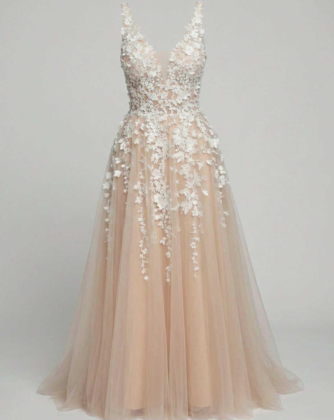 Women's Deep V-Neck 3D Floral Applique Tulle A-Line Bridal Gown