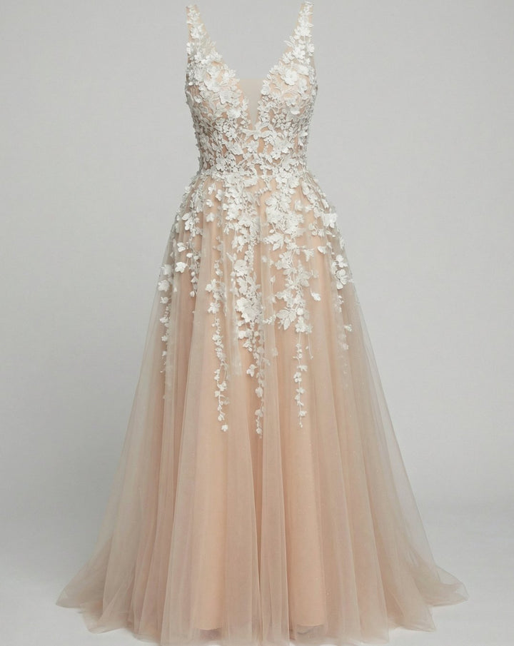 Women's Deep V-Neck 3D Floral Applique Tulle A-Line Bridal Gown