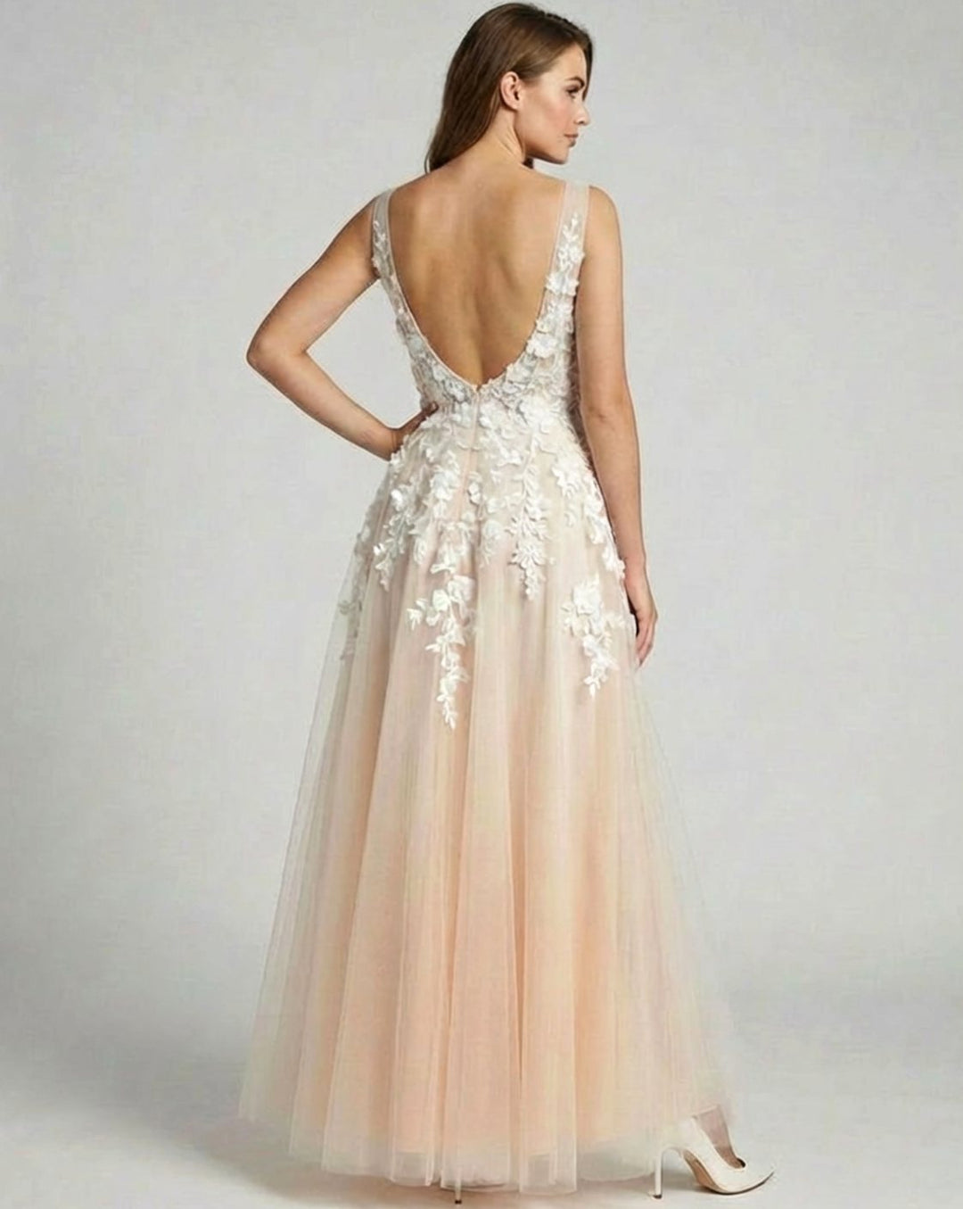 Women's Deep V-Neck 3D Floral Applique Tulle A-Line Bridal Gown