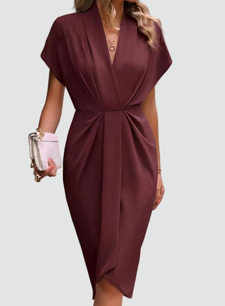 Women's Deep V-Neck Draped Waist Split Midi Dress