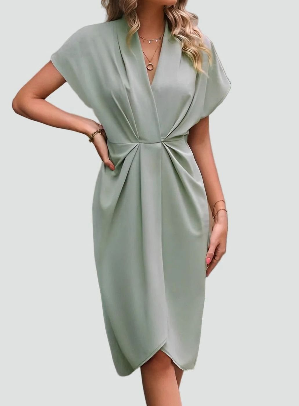 Women's Deep V-Neck Draped Waist Split Midi Dress