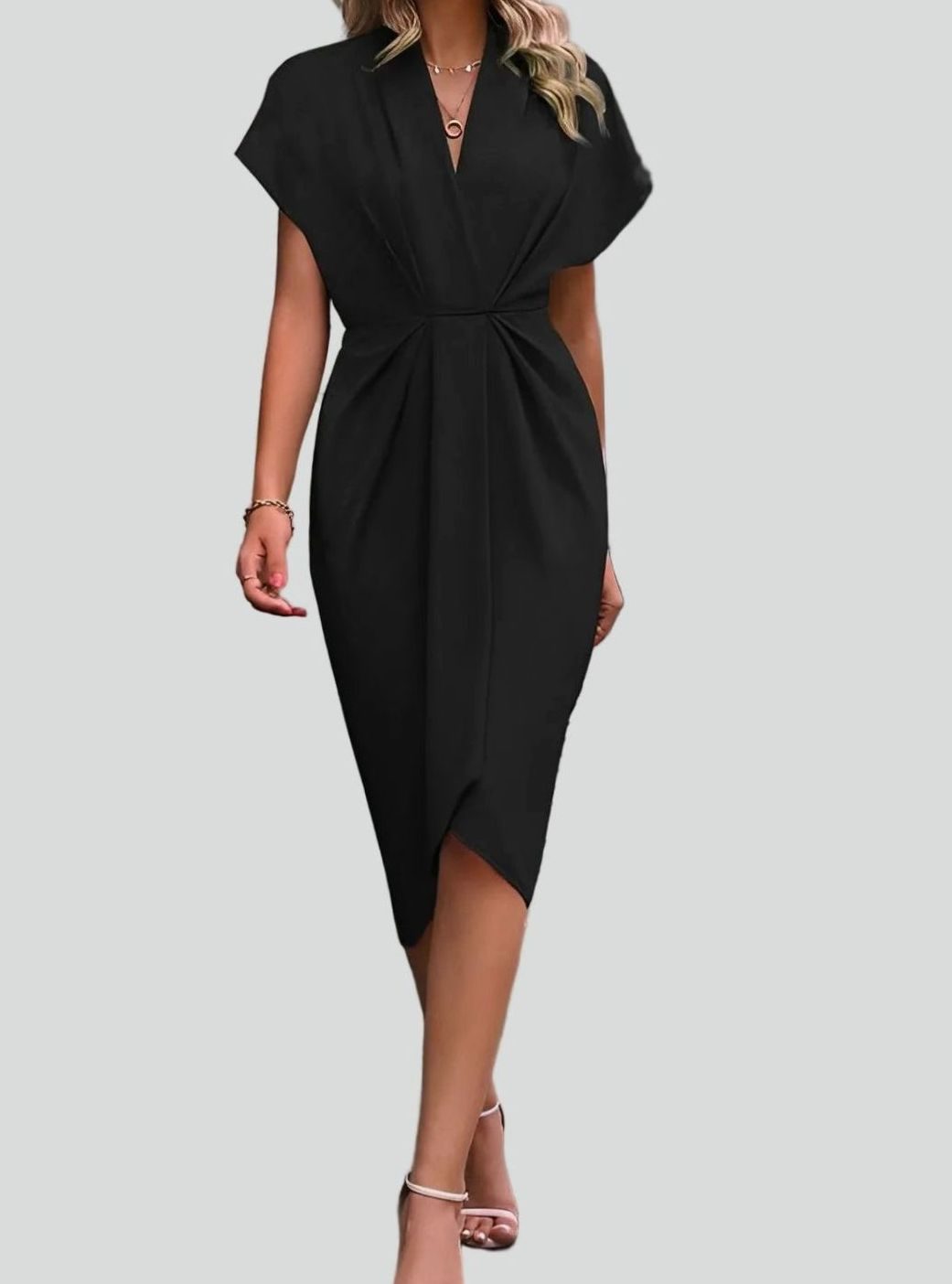 Women's Deep V-Neck Draped Waist Split Midi Dress - Black