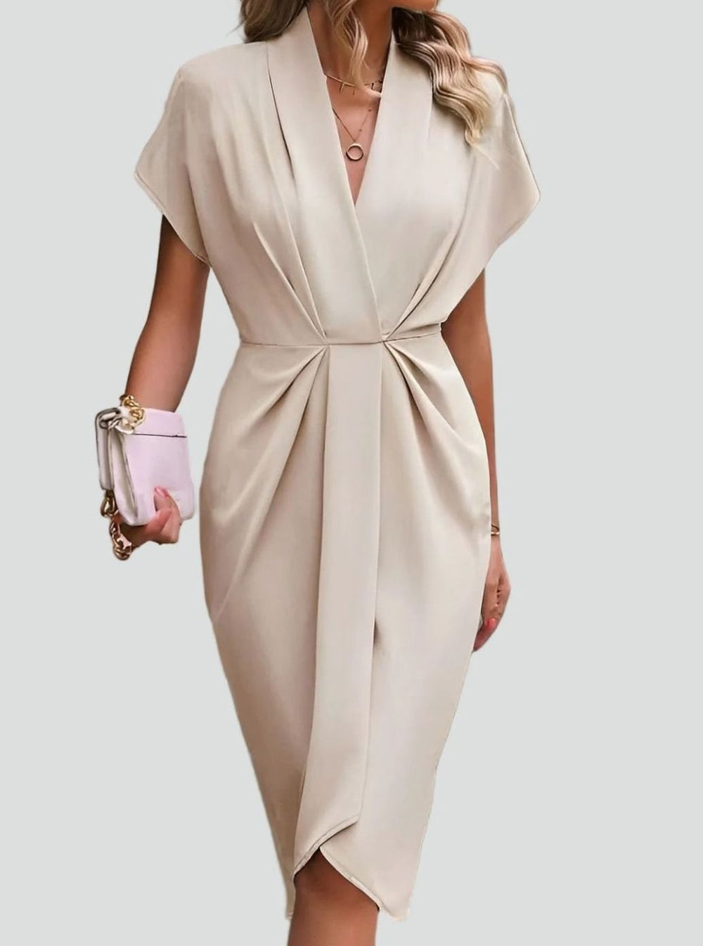 Women's Deep V-Neck Draped Waist Split Midi Dress - Beige