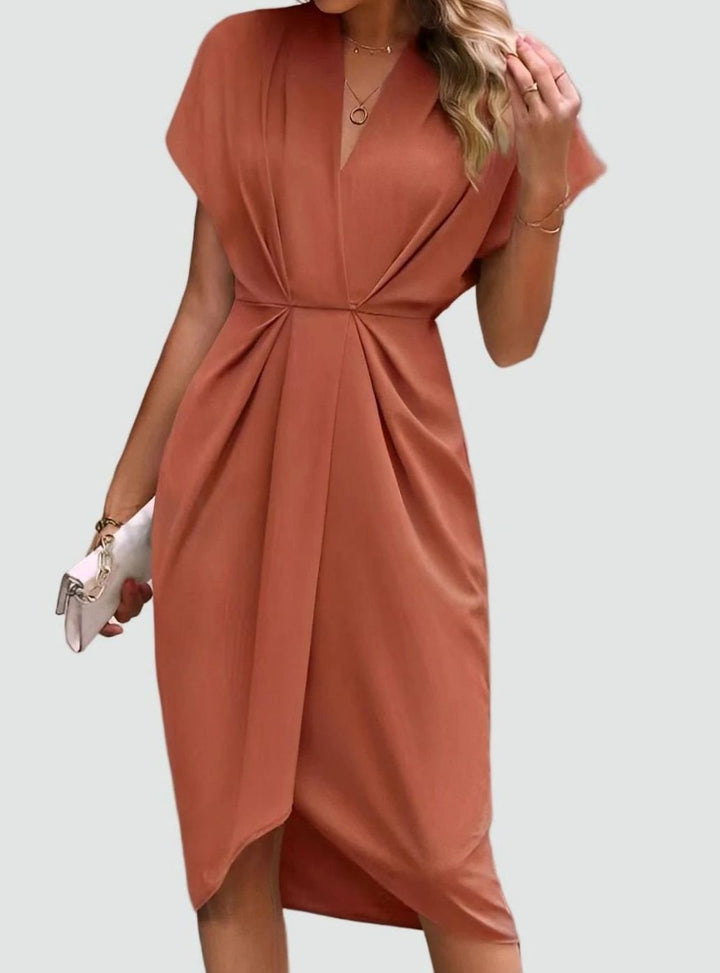 Women's Deep V-Neck Draped Waist Split Midi Dress - Orange