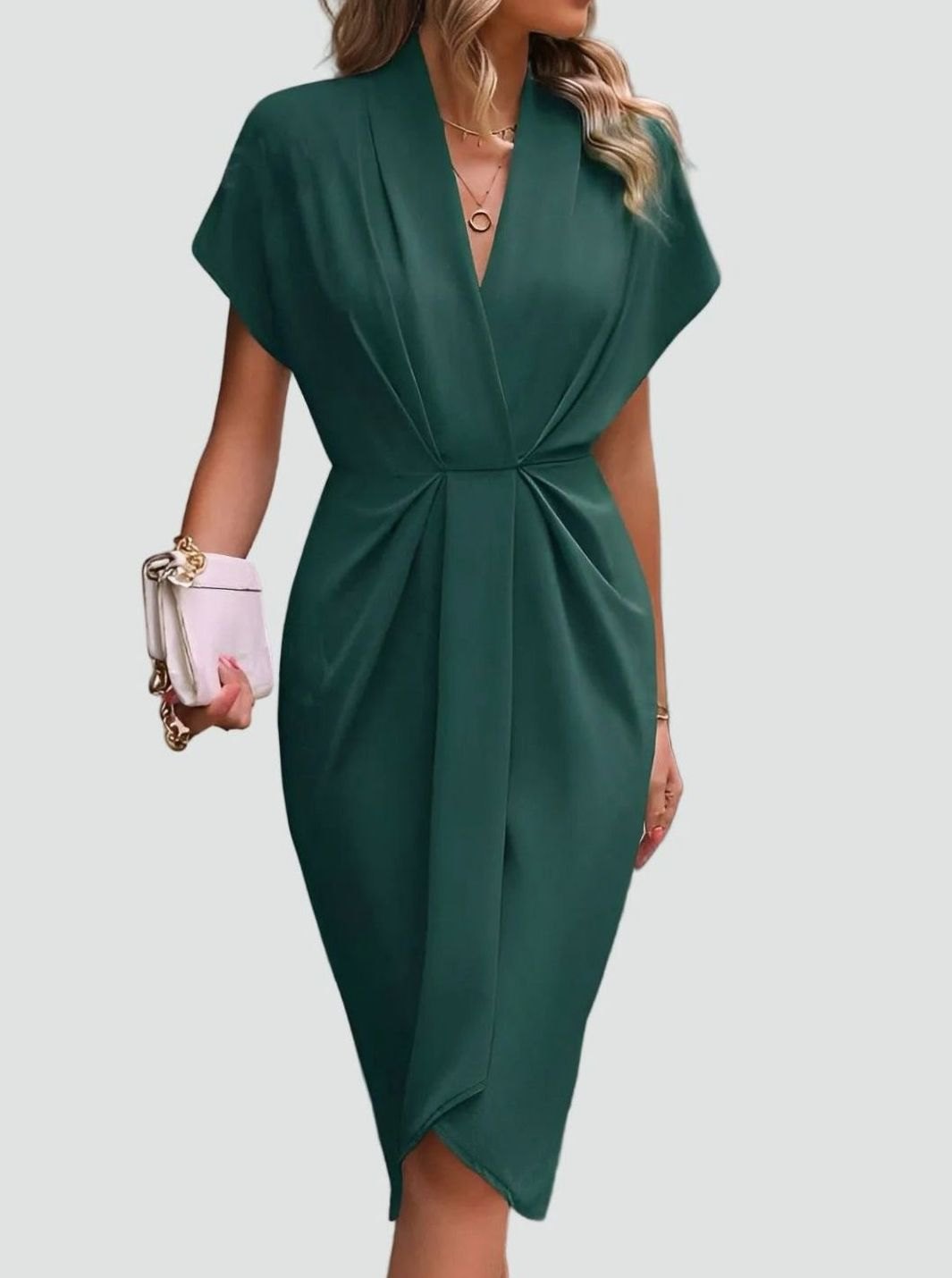 Women's Deep V-Neck Draped Waist Split Midi Dress - Dark Green