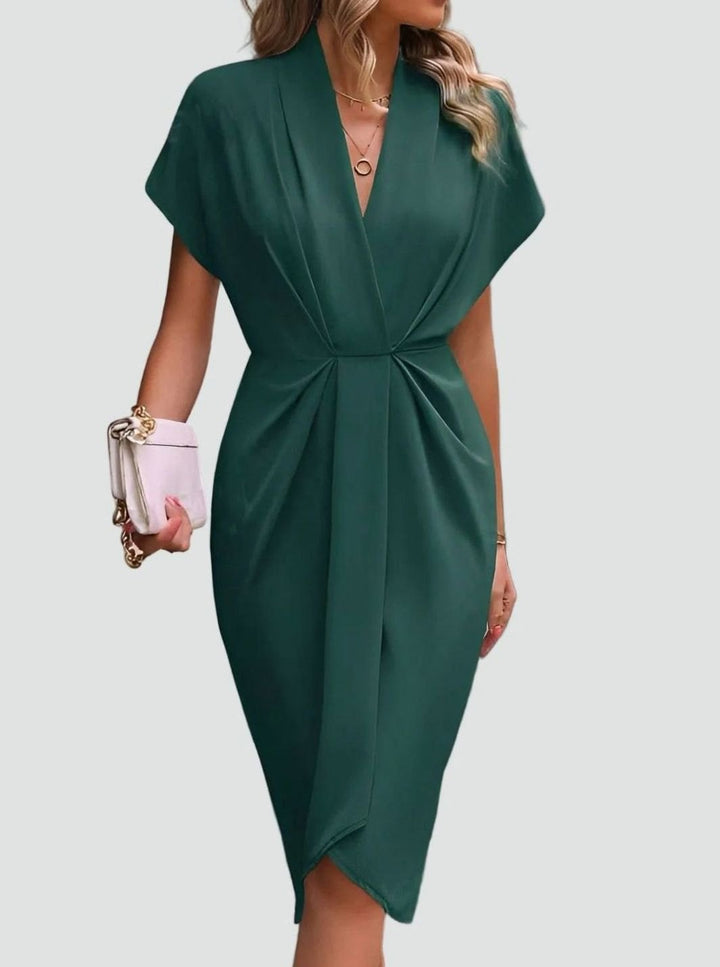 Women's Deep V-Neck Draped Waist Split Midi Dress - Dark Green