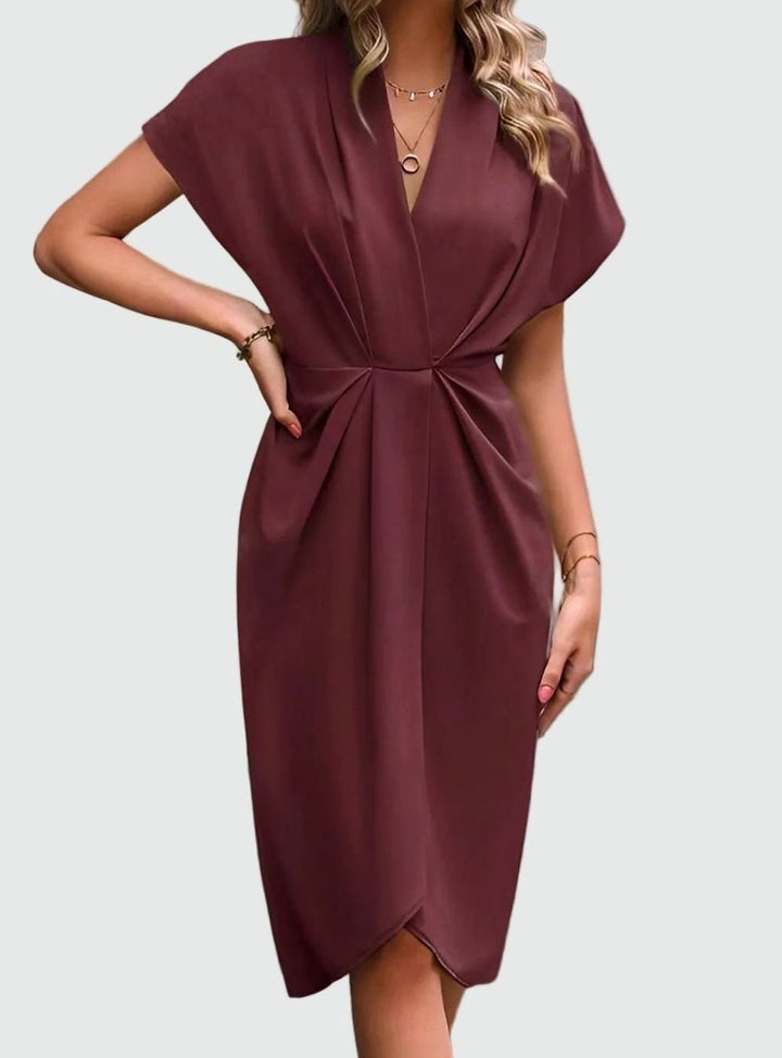 Women's Deep V-Neck Draped Waist Split Midi Dress - Wine Red