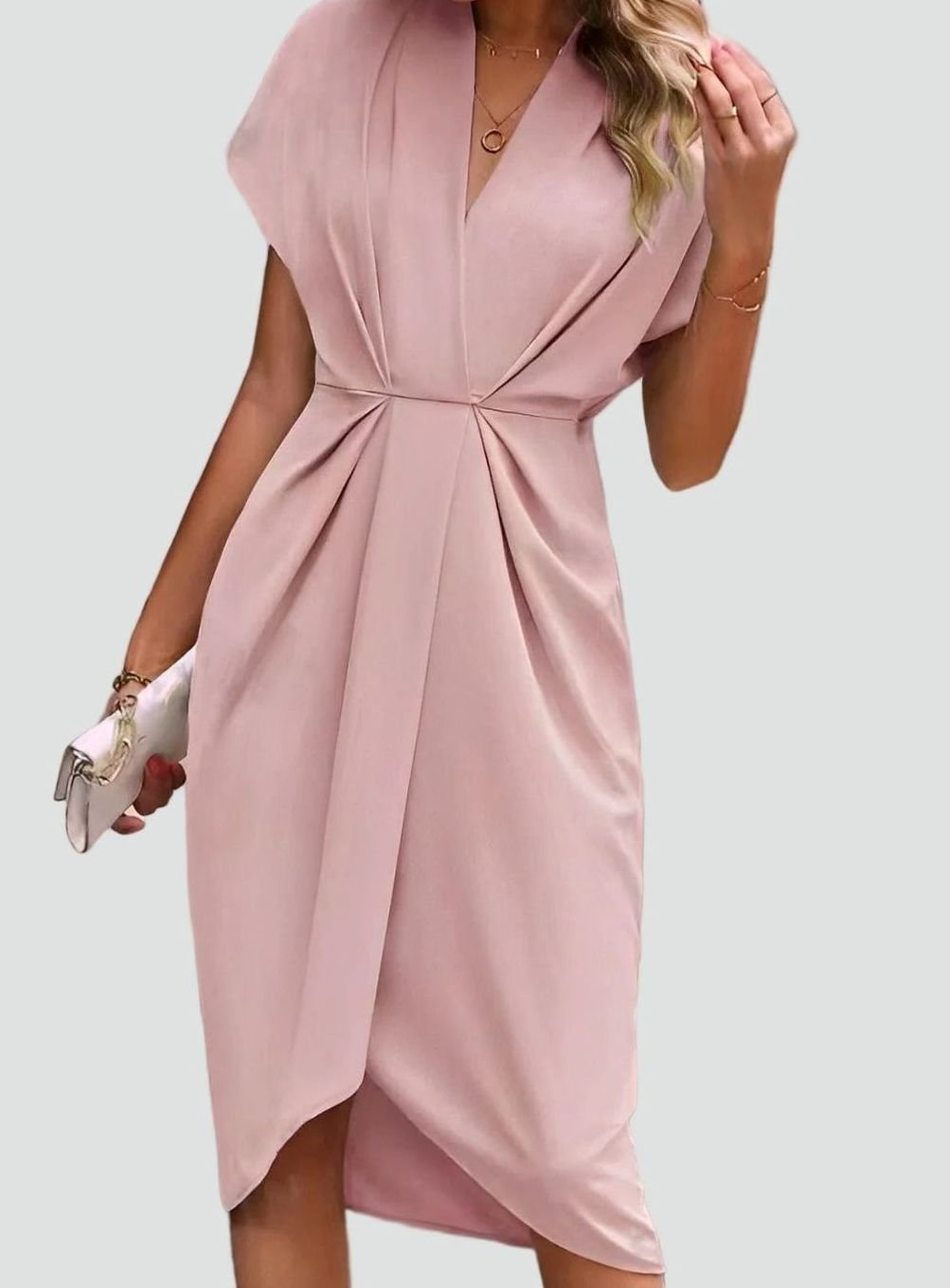 Women's Deep V-Neck Draped Waist Split Midi Dress - Pink