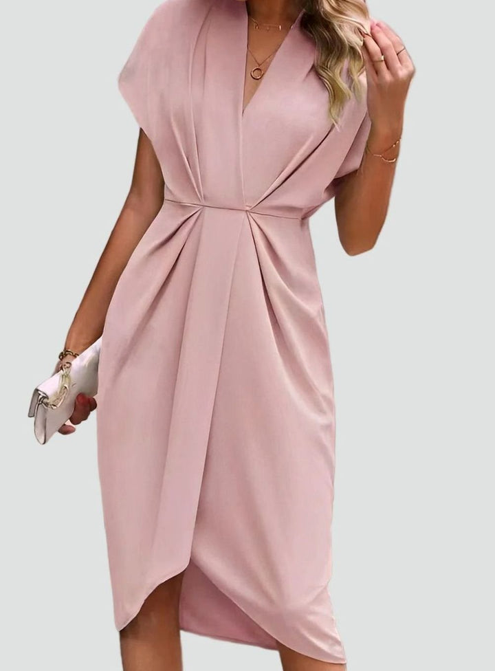 Women's Deep V-Neck Draped Waist Split Midi Dress - Pink
