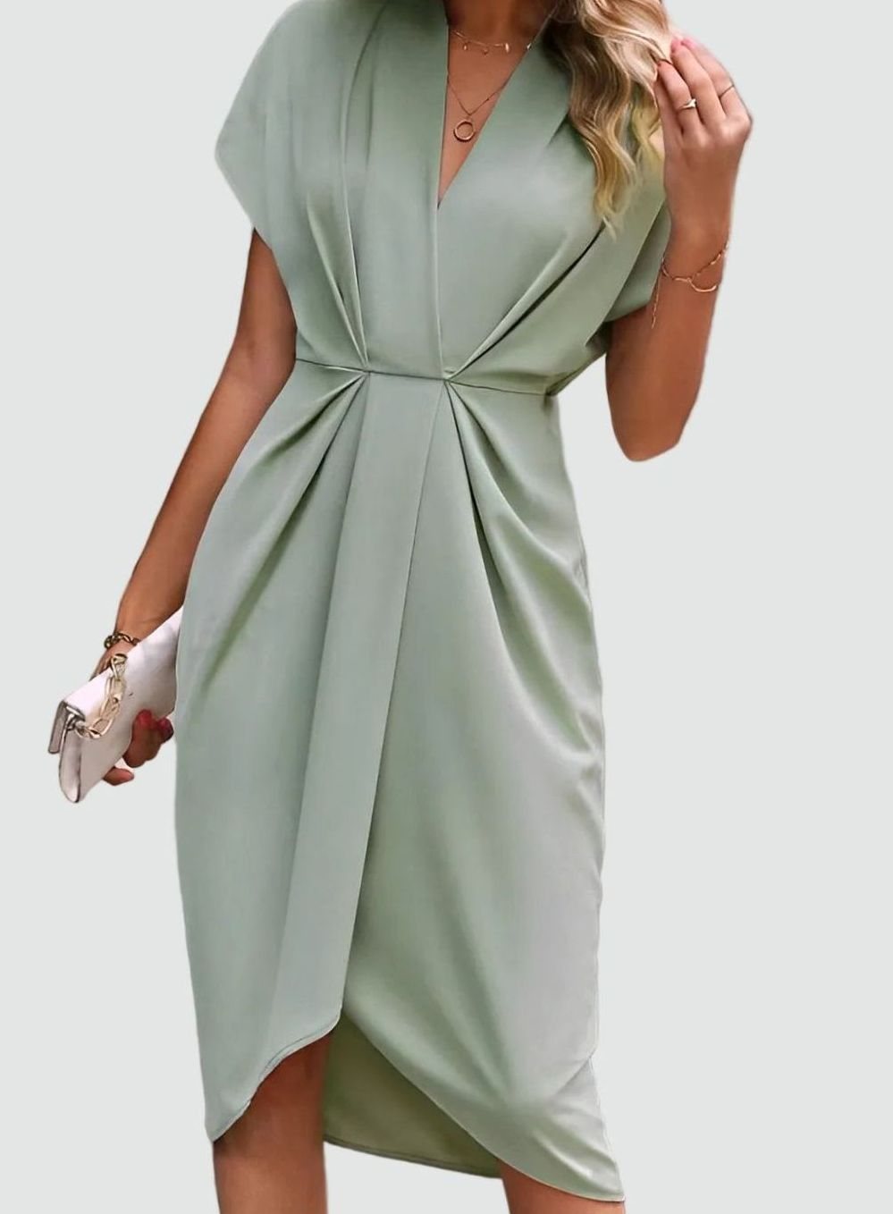 Women's Deep V-Neck Draped Waist Split Midi Dress - Light Green