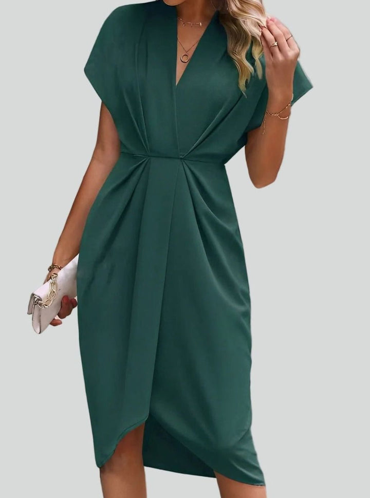 Women's Deep V-Neck Draped Waist Split Midi Dress