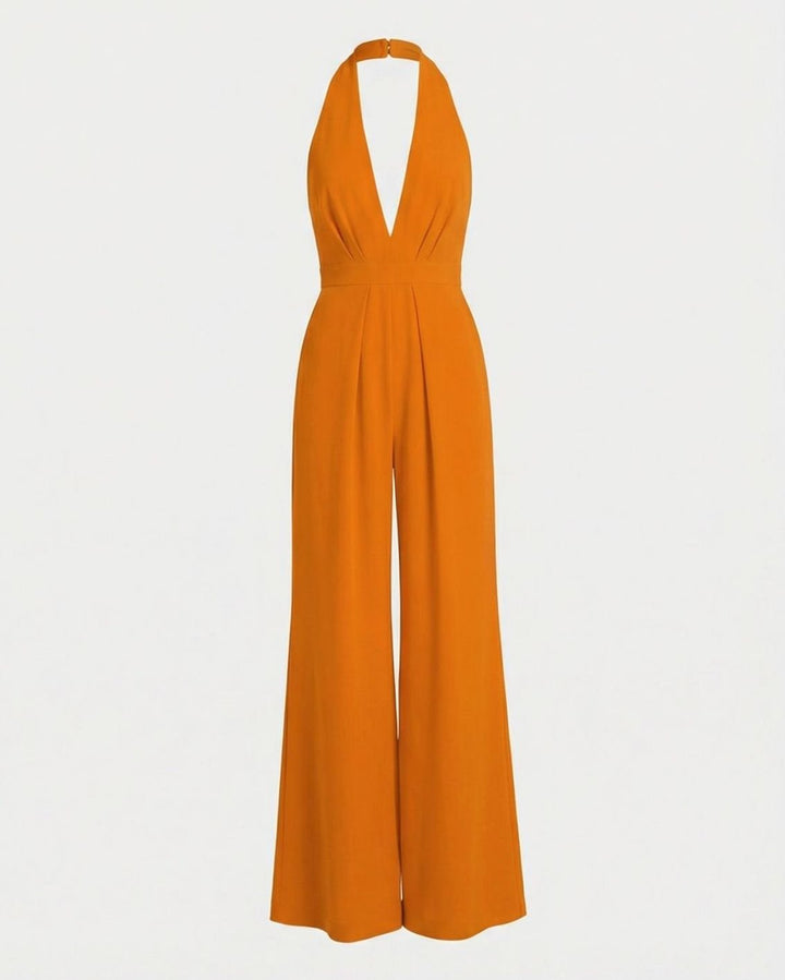 Women's Deep V-Neck Halter Wide-Leg Jumpsuit - Orange
