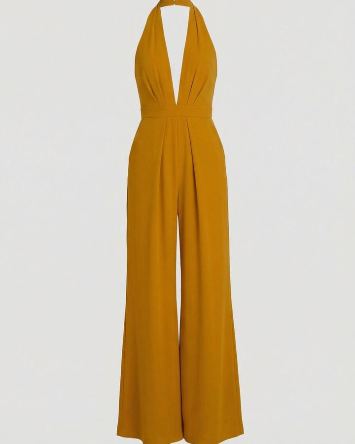 Women's Deep V-Neck Halter Wide-Leg Jumpsuit - Yellow