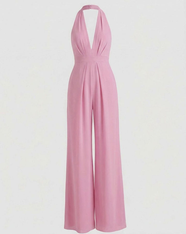 Women's Deep V-Neck Halter Wide-Leg Jumpsuit - Pink