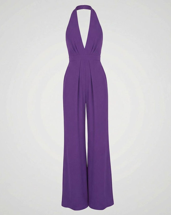 Women's Deep V-Neck Halter Wide-Leg Jumpsuit - Purple