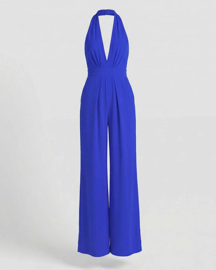 Women's Deep V-Neck Halter Wide-Leg Jumpsuit - Blue