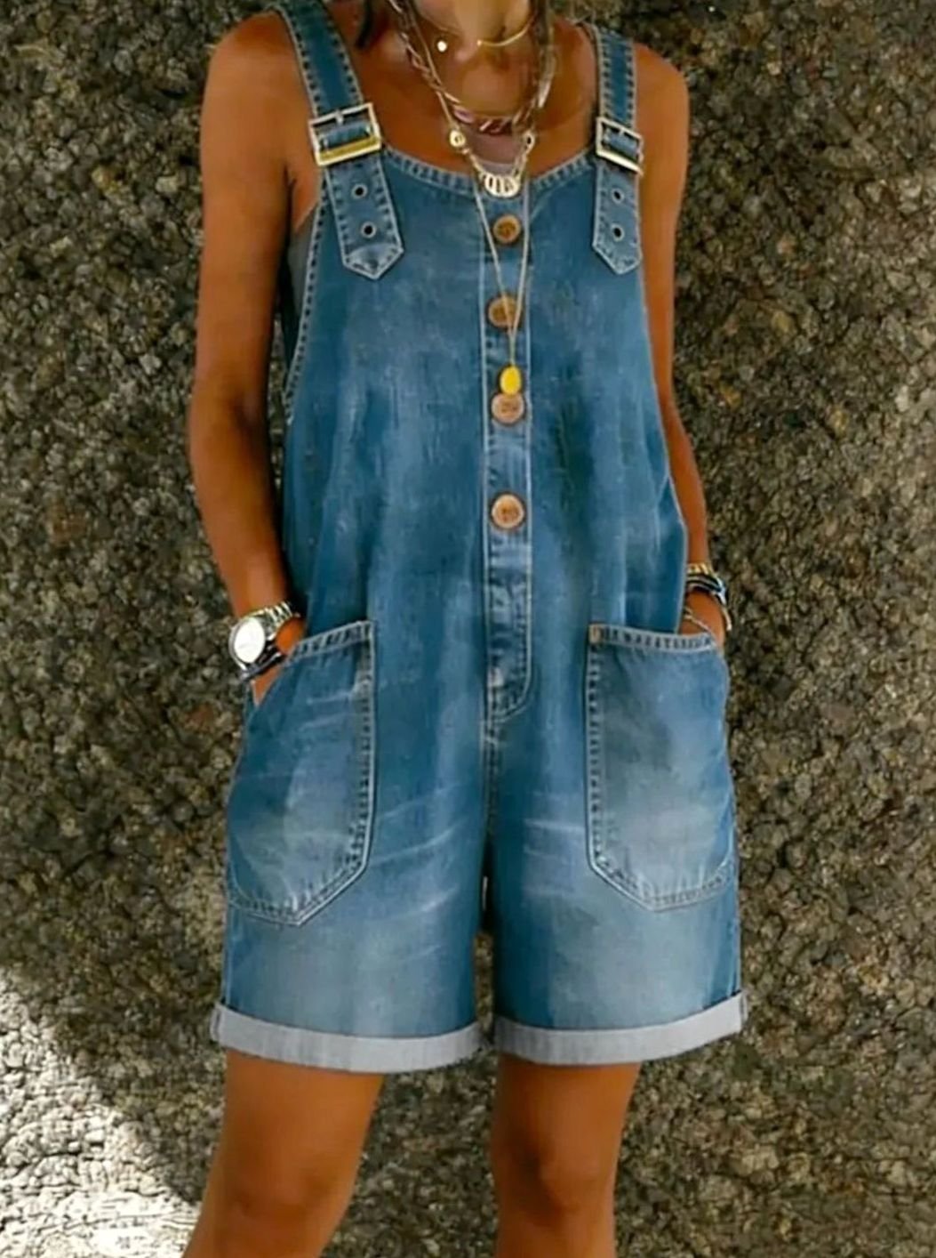 Women's Denim Bib Shortall Overall Adjustable-Strap Romper - Blue