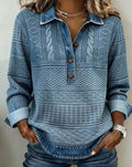 Emma | Women's Denim-Effect Cable-Knit Polo Button Pullover Top