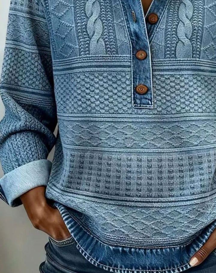 Women's Denim-Effect Cable-Knit Polo Button Pullover Top