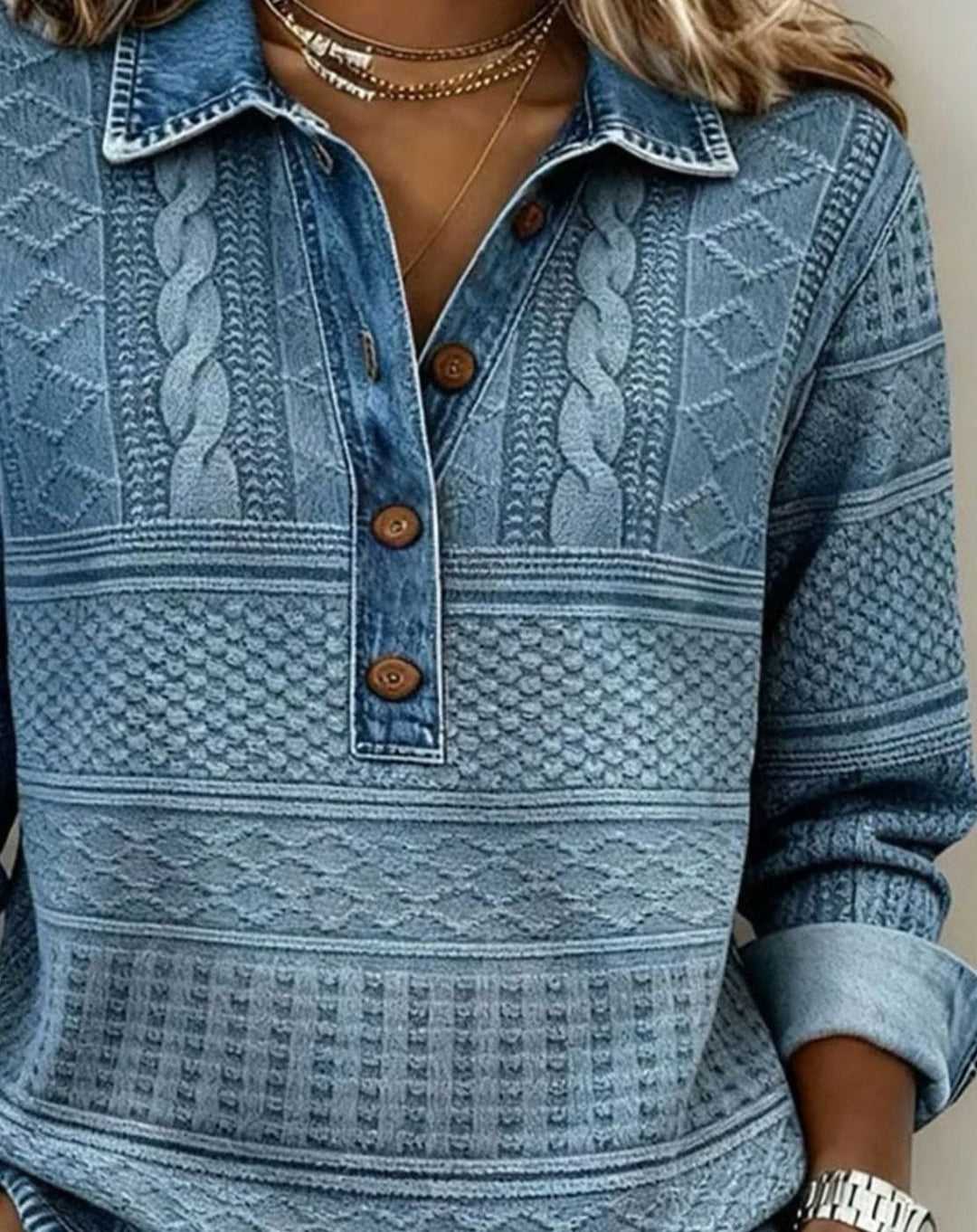 Women's Denim-Effect Cable-Knit Polo Button Pullover Top