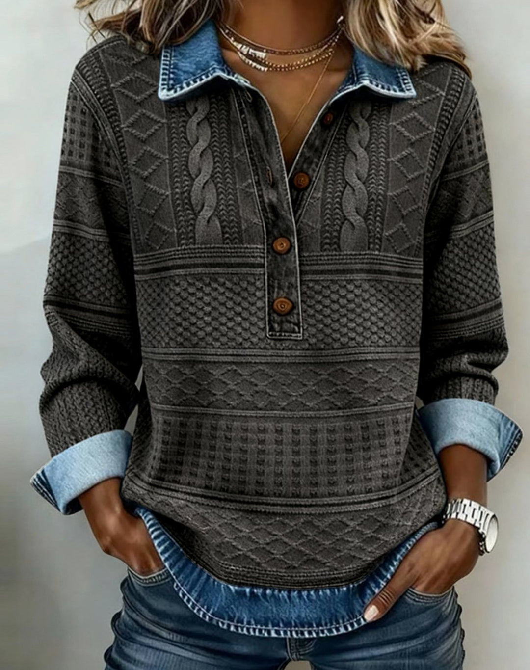 Women's Denim-Effect Cable-Knit Polo Button Pullover Top - Gray