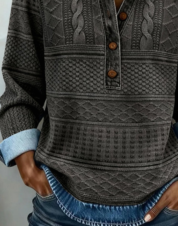 Women's Denim-Effect Cable-Knit Polo Button Pullover Top